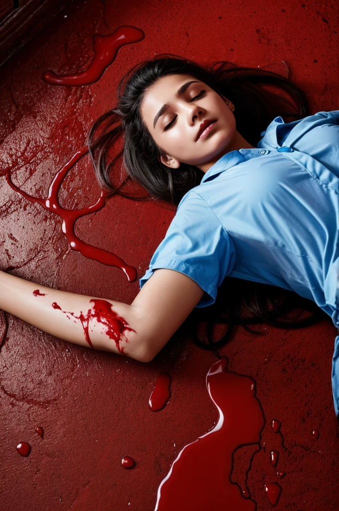 A person lying on the floor, their through slit, blood pouring out. The girl is dead.