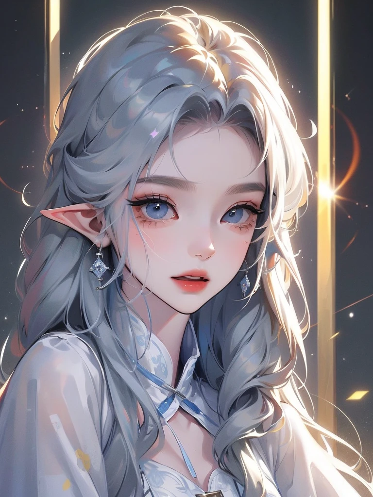 ((Highest quality)), ((masterpiece)), (detailed), One girl, The background is nature、The weather was sunny.、Silver hair straight long hair、Half Up、Parallel thin eyebrows、Double droopy eyes、Thin lips、Small nose、Blue Eyes、Long eyelashes、Delicate appearance、Illustration seen from the front、A big smile with an open mouth、White dress、Fantastic illustrations、Highlights are 7 colors、The light is on my face、Illustration of eyes matching the viewer、Elf、Illustrations with heads drawn、