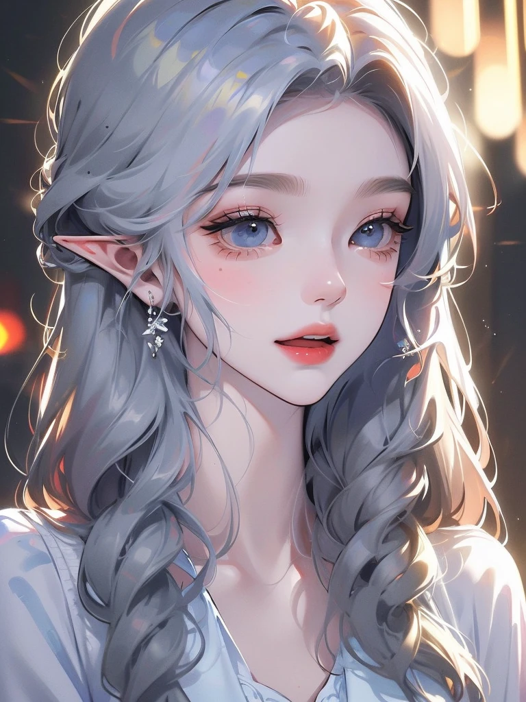 ((Highest quality)), ((masterpiece)), (detailed), One girl, The background is nature、The weather was sunny.、Silver hair straight long hair、Half Up、Parallel thin eyebrows、Double droopy eyes、Thin lips、Small nose、Blue Eyes、Long eyelashes、Delicate appearance、Illustration seen from the front、A big smile with an open mouth、White dress、Fantastic illustrations、Highlights are 7 colors、The light is on my face、Illustration of eyes matching the viewer、Elf、Illustrations with heads drawn、