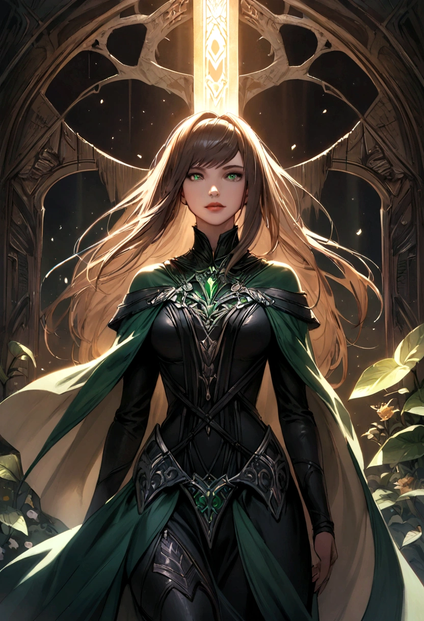 Dreams of Elysium title, dark fantasy, elven woman with long brown hair, dressed in black, green eyes, "dreams of elysium" written in runic font