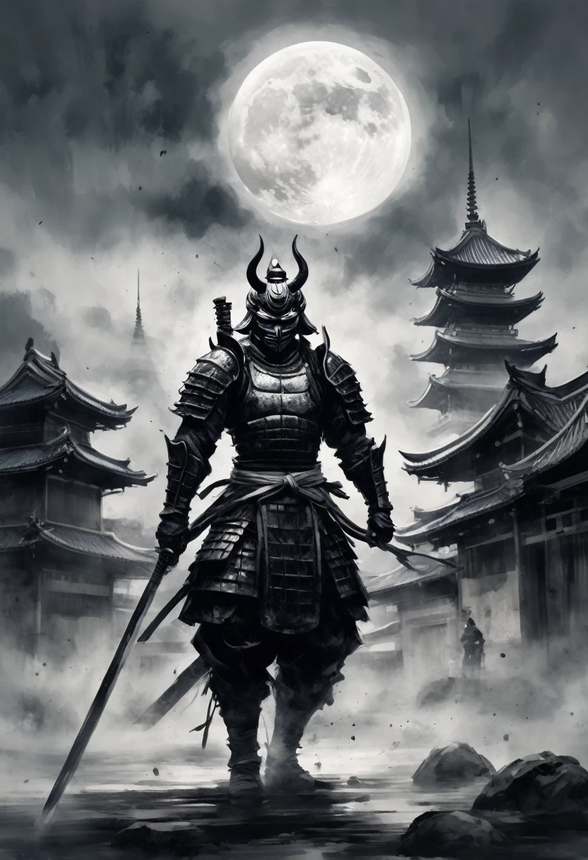 Black and white painting,Ink Painting,Warrior,Muscular,(hannya face mask,samurai armor),(A helmet with a crescent moon as its symbol),(spread legs:1.2),(Recreate the scene of raising the sword to attack the enemy.:1.2),A moon drawn in a circle with a brush,