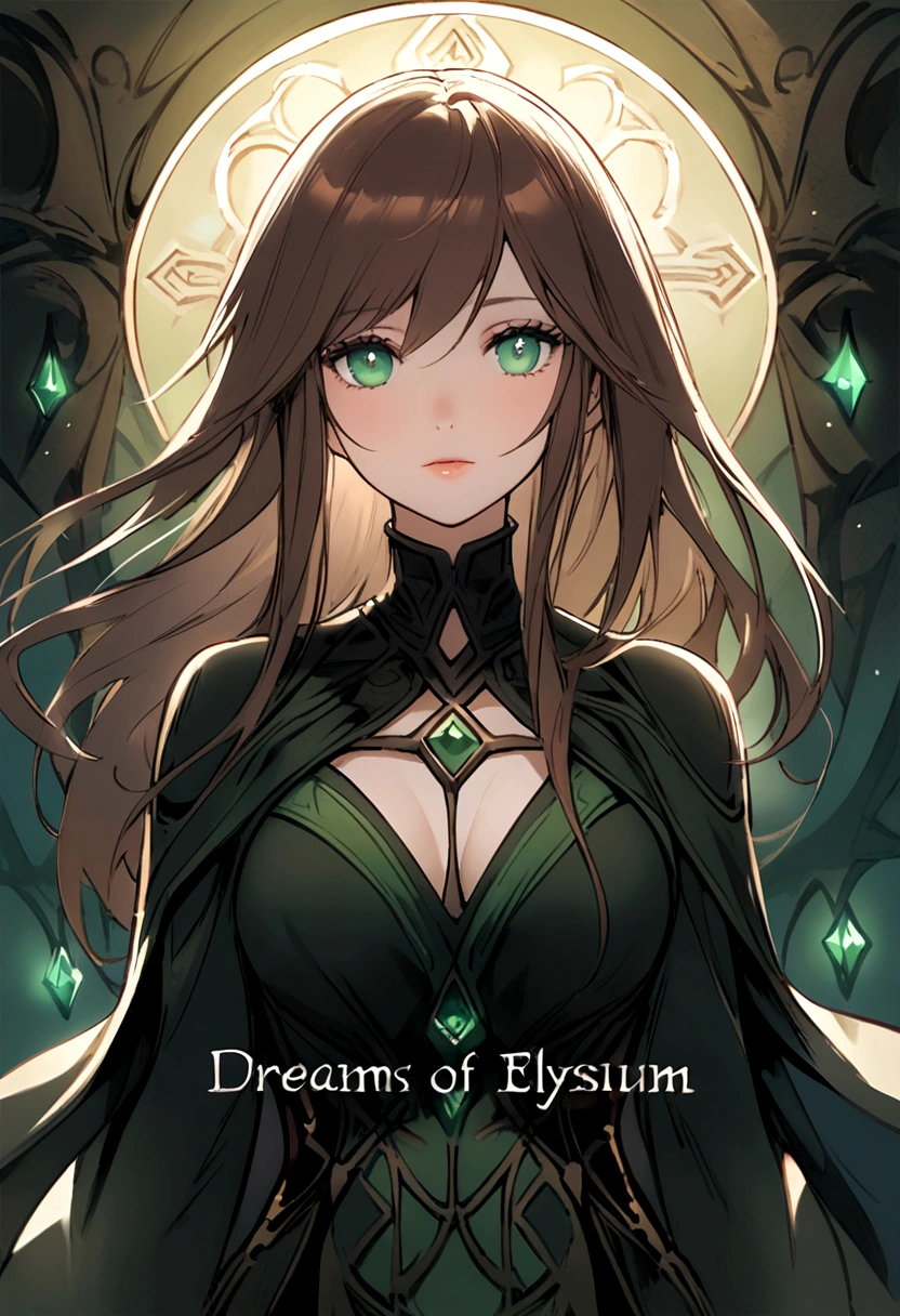 Dreams of Elysium title, dark fantasy, elven woman with long brown hair, dressed in black, green eyes, "dreams of elysium" written in runic font