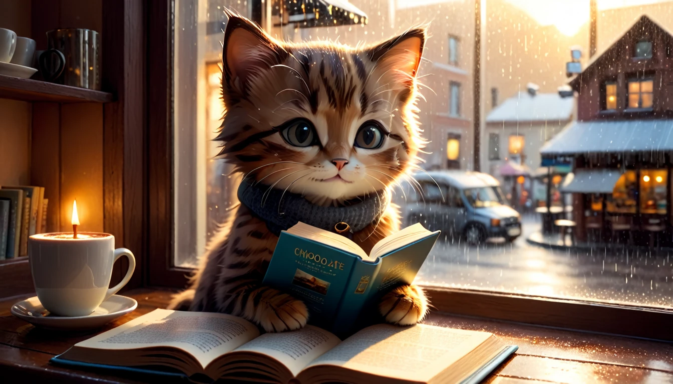 It's raining outside, a scene of a warm-looking cafe, an anthropomorphized kitten is reading a book while drinking hot chocolate on a window seat, the warm light and calm expression are impressive