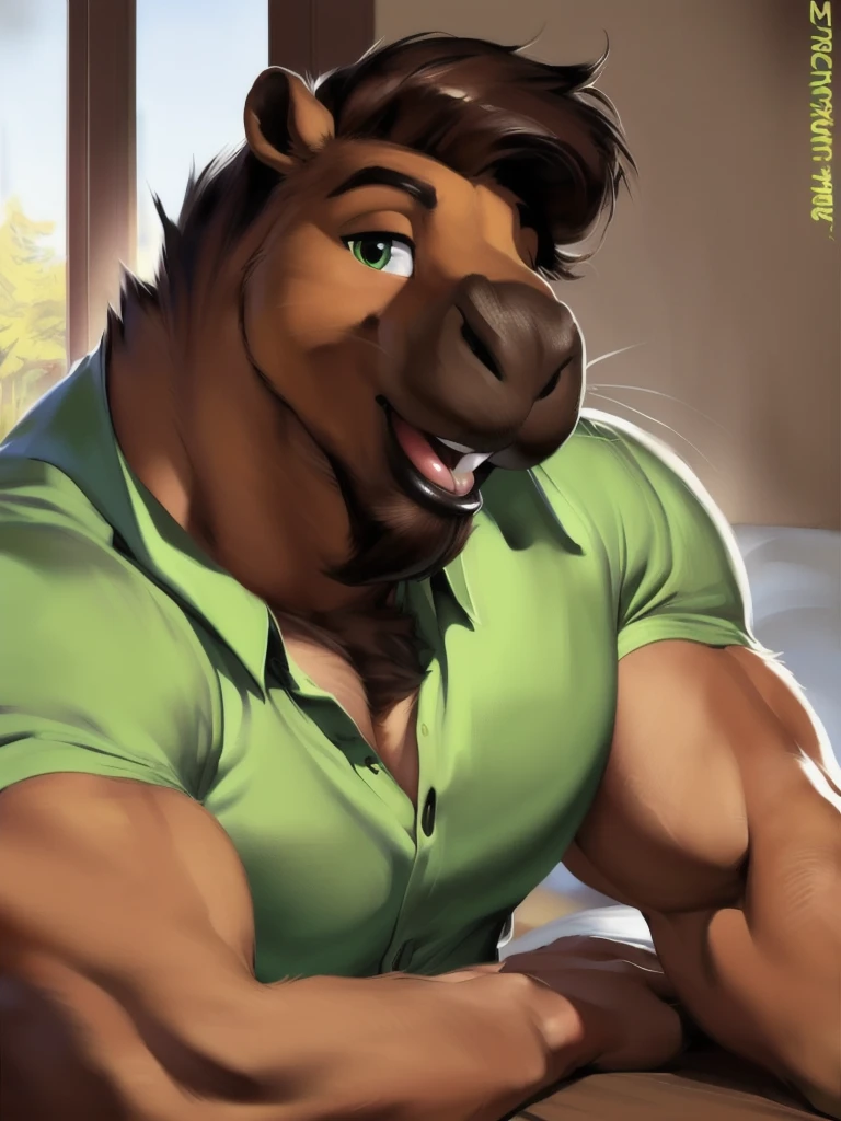 (by Meesh), (by darkgem:0.8), (by chunie:1), masterpiece,, detailed fur, looking at viewer, (detailed pixar eyes:1.2), detailed eyes, male, anthro, ((capybara, Japanese, Anime, bishounen, pretty, effeminate, Massive Muscles, Massive Deltoids, Massive shoulders, Massive Pecs, Massive Biceps, Massive Thighs, Massive Calves, long snout, brown hair, wavy hair, fabio hair, hair covering eye, goatee, big lip, swollen lip, black lip, whiskers, collared shirt, lime-green shirt, cheekbones, big chin, open mouth, shiny eyelids, rodent teeth big chin,))