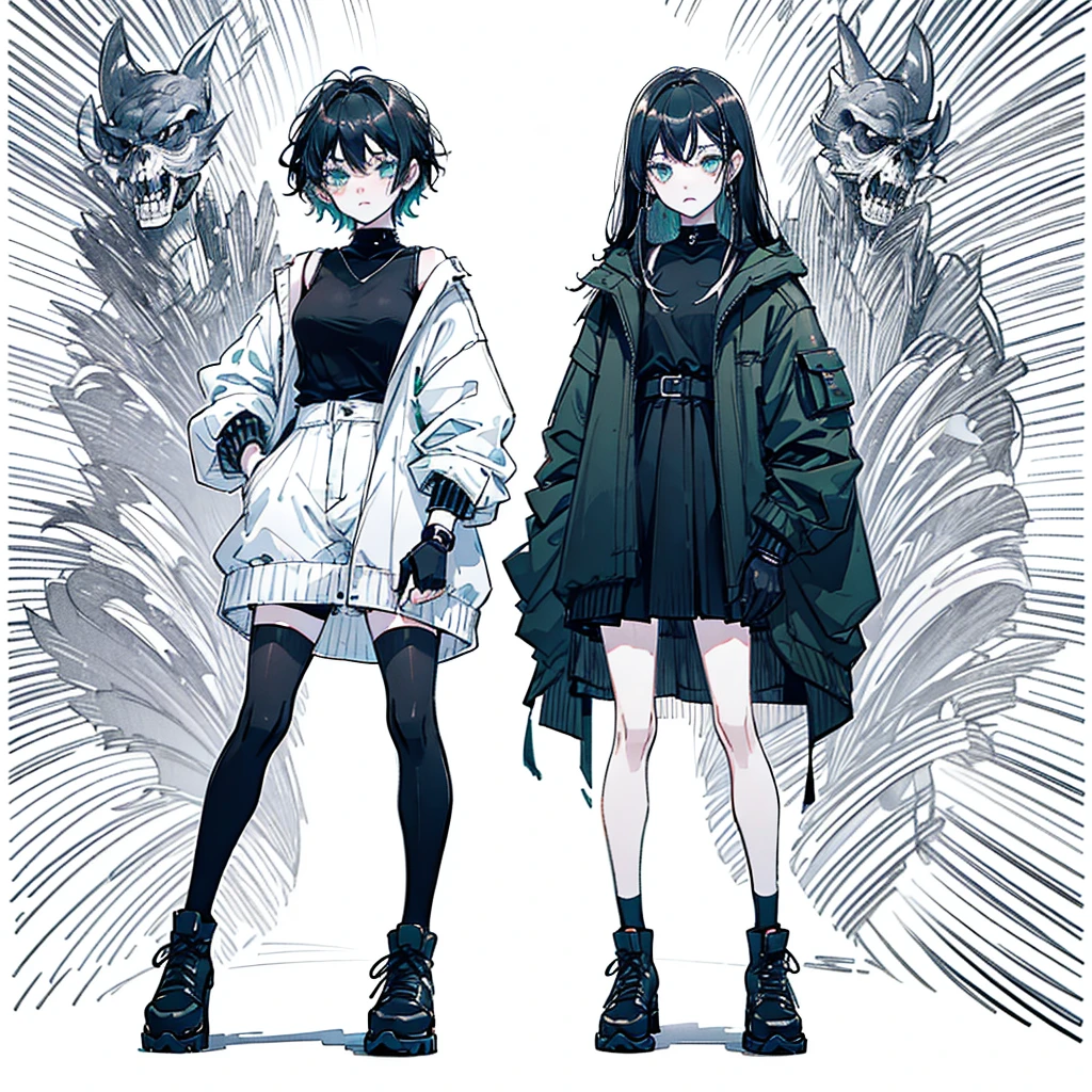 ((body)) skinny, short, pale, freckles on the face, 18 years old ((hair)) long black hair, messy, ((eyes)) green eyes, ((black outfit)) oversize black shirt, blue skirt, knitted shoe covers, black cotton fingerless gloves, black boots, piercings, choker