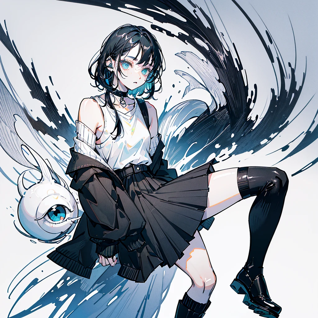 ((body)) skinny, short, pale, freckles on the face, 18 years old ((hair)) long black hair, messy, ((eyes)) green eyes, ((black outfit)) oversize black shirt, blue skirt, knitted shoe covers, black cotton fingerless gloves, black boots, piercings, choker