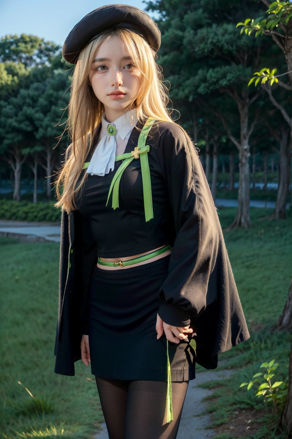 1 girl, best quality, ((Miyo)), tarankaaa, NOT DASHA TARAN, perfect face, beautiful smile, 30 years old, ((ascot, uniform, black skirt, cross, ribbon, gold blonde hair, emerald, beret, cape, pantyhose, shirt cover til hips, long shirt)), ((perfectly drawn hands)), perfect body, bare tree, bush, fog, forest, grass, nature, outdoors, plant, scenery, solo, standing, tree, 32k photograph, ((perfect eyes, detailed eyes,realistic eyes)), ((sharp face, detailed face, realistic face, natural skin, realistic skin, detailed skin, pores)), full body, tone mapping, asian-european, ((masterpiece)), ((highres)), ((detailed background)), japanese village background, night, big proportions
