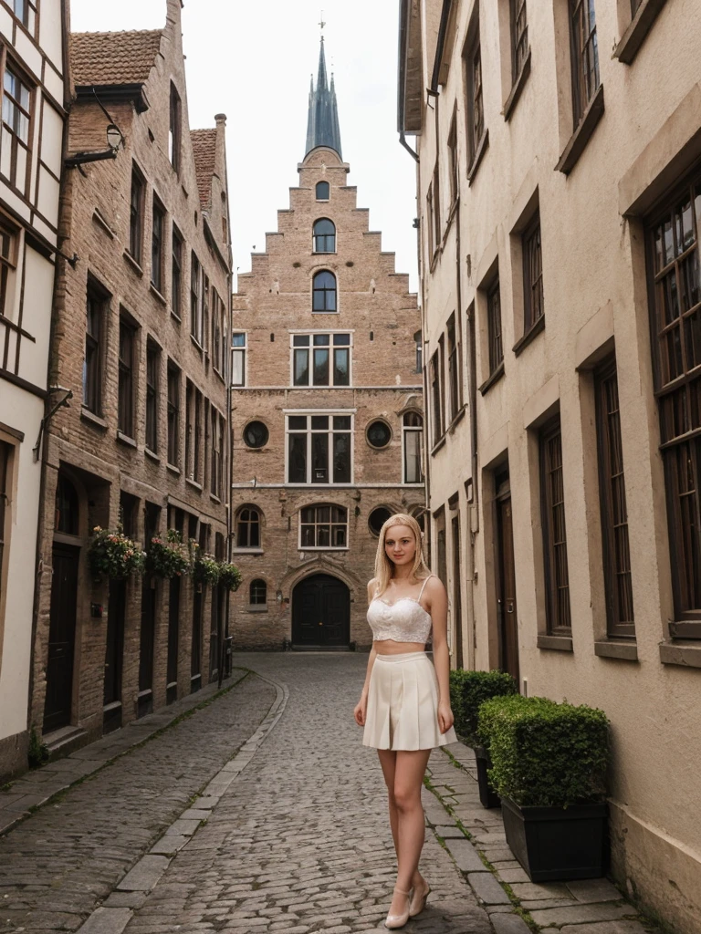 her name is Marie, high quality, 1girl, ((20-year-old fit Caucasian woman)), ((20 years old)), ((fit)), ((pale skin tone)), medium length straight blonde hair , wearing Lace-Up Corset Top + High-Waisted Pleated Skirt, pose: standing, background: Detail the picturesque streets of Bruges, Belgium, where cobblestone lanes, historic buildings, and serene canals create a postcard-perfect scene.