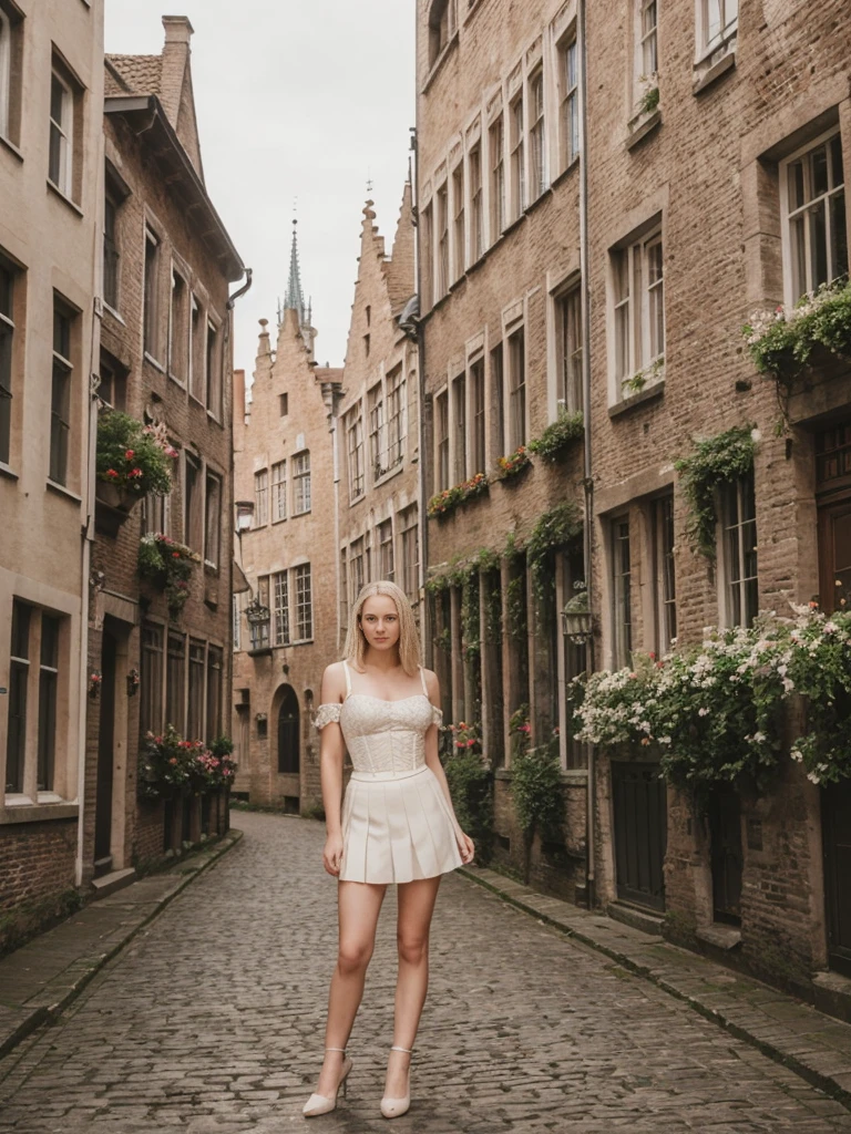 her name is Marie, high quality, 1girl, ((20-year-old fit Caucasian woman)), ((20 years old)), ((fit)), ((pale skin tone)), medium length straight blonde hair , wearing Lace-Up Corset Top + High-Waisted Pleated Skirt, pose: standing, background: Detail the picturesque streets of Bruges, Belgium, where cobblestone lanes, historic buildings, and serene canals create a postcard-perfect scene.
