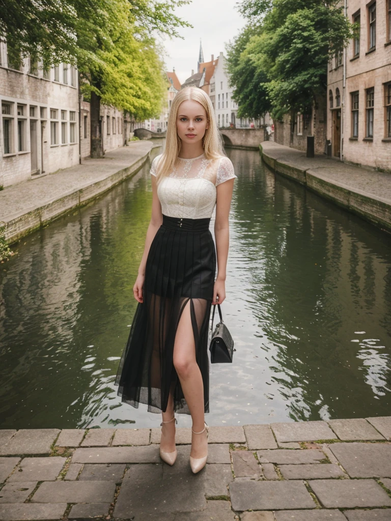 her name is Marie, high quality, 1girl, ((20-year-old fit Caucasian woman)), ((20 years old)), ((fit)), ((pale skin tone)), medium length straight blonde hair , wearing Lace-Up Corset Top + High-Waisted Pleated Skirt, pose: standing, background: Detail the picturesque streets of Bruges, Belgium, where cobblestone lanes, historic buildings, and serene canals create a postcard-perfect scene.