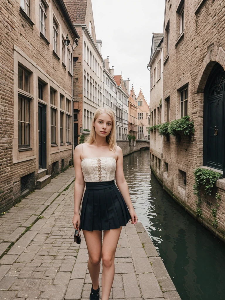 her name is Marie, high quality, 1girl, ((20-year-old fit Caucasian woman)), ((20 years old)), ((fit)), ((pale skin tone)), medium length straight blonde hair , wearing Lace-Up Corset Top + High-Waisted Pleated Skirt, pose: standing, background: Detail the picturesque streets of Bruges, Belgium, where cobblestone lanes, historic buildings, and serene canals create a postcard-perfect scene.