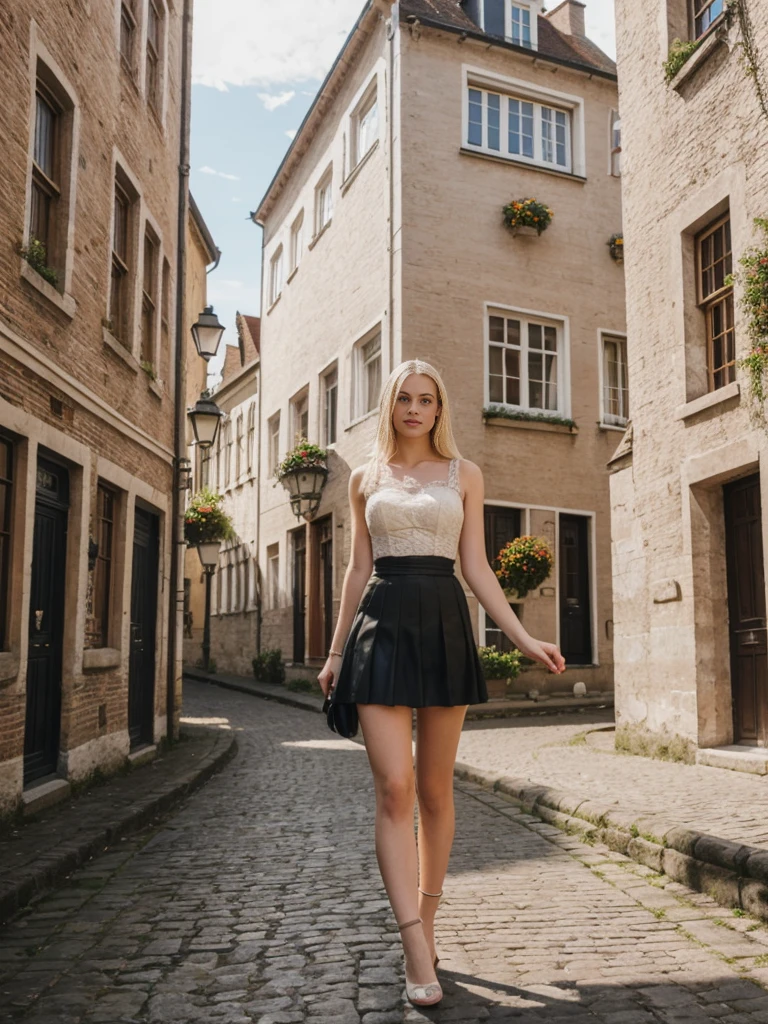 her name is Marie, high quality, 1girl, ((20-year-old fit Caucasian woman)), ((20 years old)), ((fit)), ((pale skin tone)), medium length straight blonde hair , wearing Lace-Up Corset Top + High-Waisted Pleated Skirt, pose: standing, background: Detail the picturesque streets of Bruges, Belgium, where cobblestone lanes, historic buildings, and serene canals create a postcard-perfect scene.