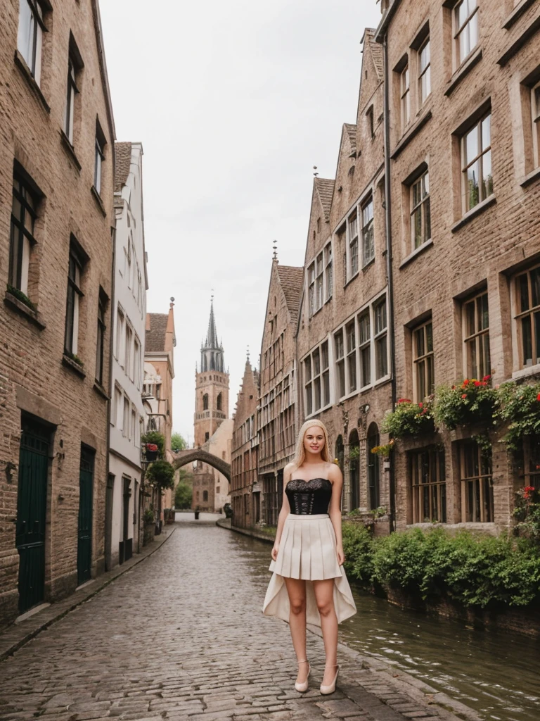 her name is Marie, high quality, 1girl, ((20-year-old fit Caucasian woman)), ((20 years old)), ((fit)), ((pale skin tone)), medium length straight blonde hair , wearing Lace-Up Corset Top + High-Waisted Pleated Skirt, pose: standing, background: Detail the picturesque streets of Bruges, Belgium, where cobblestone lanes, historic buildings, and serene canals create a postcard-perfect scene.