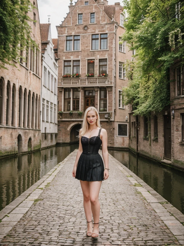 her name is Marie, high quality, 1girl, ((20-year-old fit Caucasian woman)), ((20 years old)), ((fit)), ((pale skin tone)), medium length straight blonde hair , wearing Lace-Up Corset Top + High-Waisted Pleated Skirt, pose: standing, background: Detail the picturesque streets of Bruges, Belgium, where cobblestone lanes, historic buildings, and serene canals create a postcard-perfect scene.