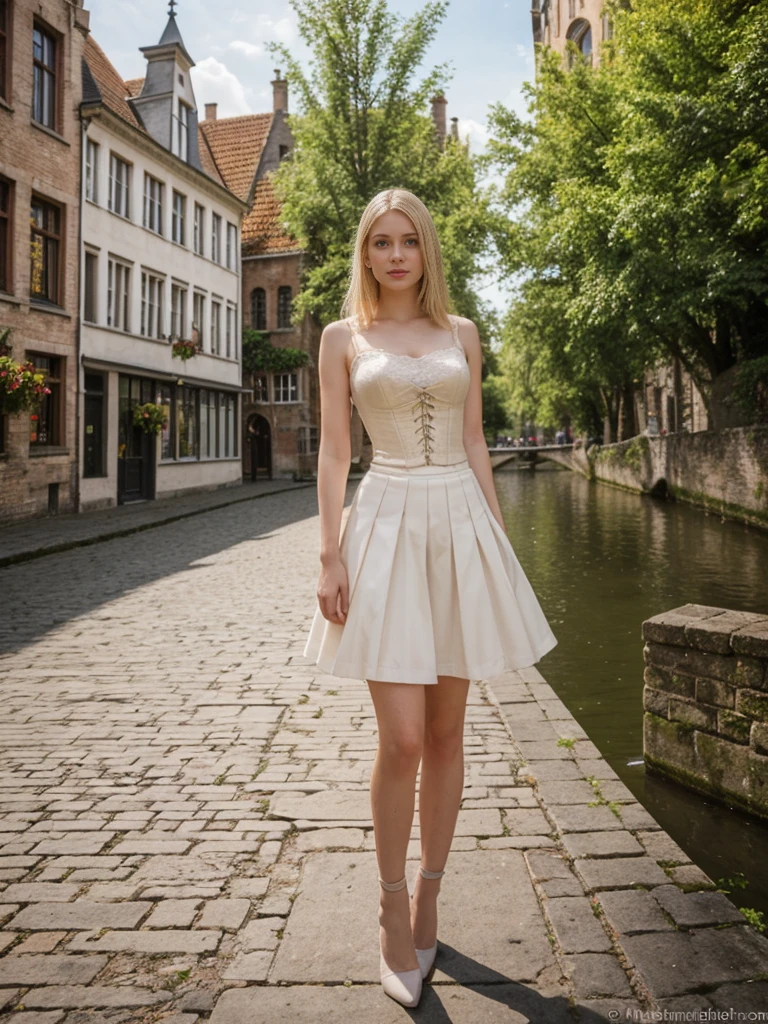 her name is Marie, high quality, 1girl, ((20-year-old fit Caucasian woman)), ((20 years old)), ((fit)), ((pale skin tone)), medium length straight blonde hair , wearing Lace-Up Corset Top + High-Waisted Pleated Skirt, pose: standing, background: Detail the picturesque streets of Bruges, Belgium, where cobblestone lanes, historic buildings, and serene canals create a postcard-perfect scene.