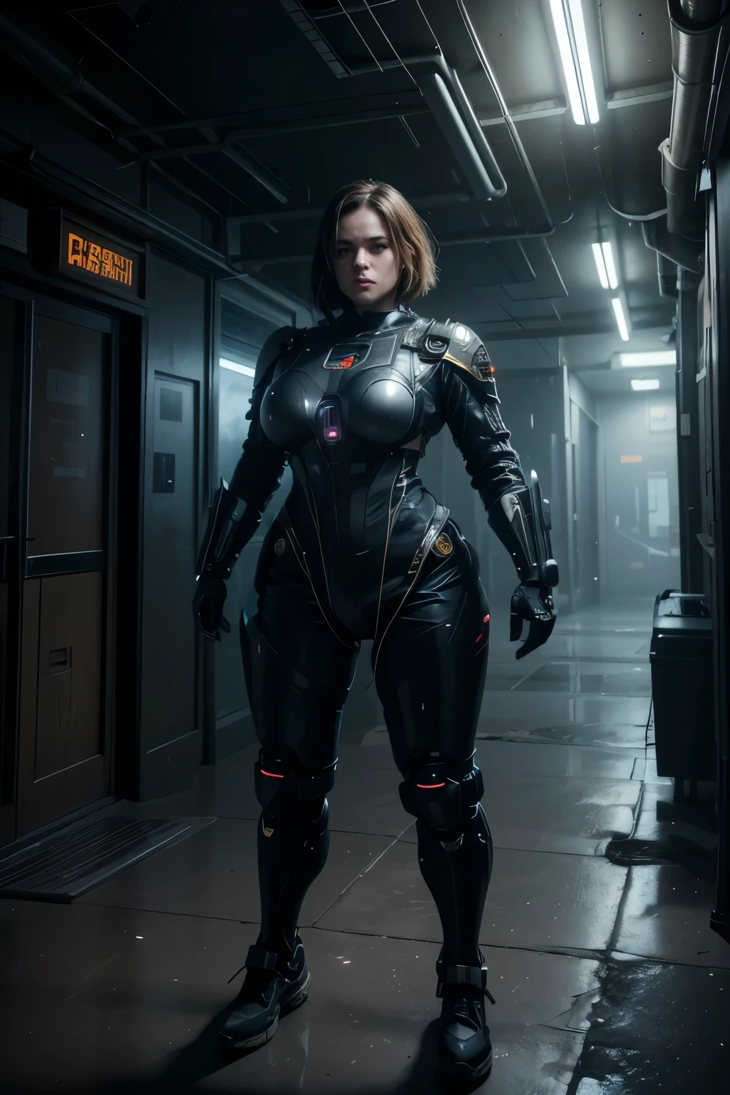 female dwarf, dwarfism, wide waist, wide bones, bulky torso, fat, broad shoulders, short hair, fullbody spacesuit covering the entire body except the head, sci-fi, cyberpunk, high tech, photorealistic, detailed face, beautiful eyes, detailed cyborg implants, intricate cybernetic arm, glowing neon lights, advanced technology, moody lighting, cinematic composition, volumetric fog, highly detailed, award winning concept art, photorealistic, 8k, masterpiece