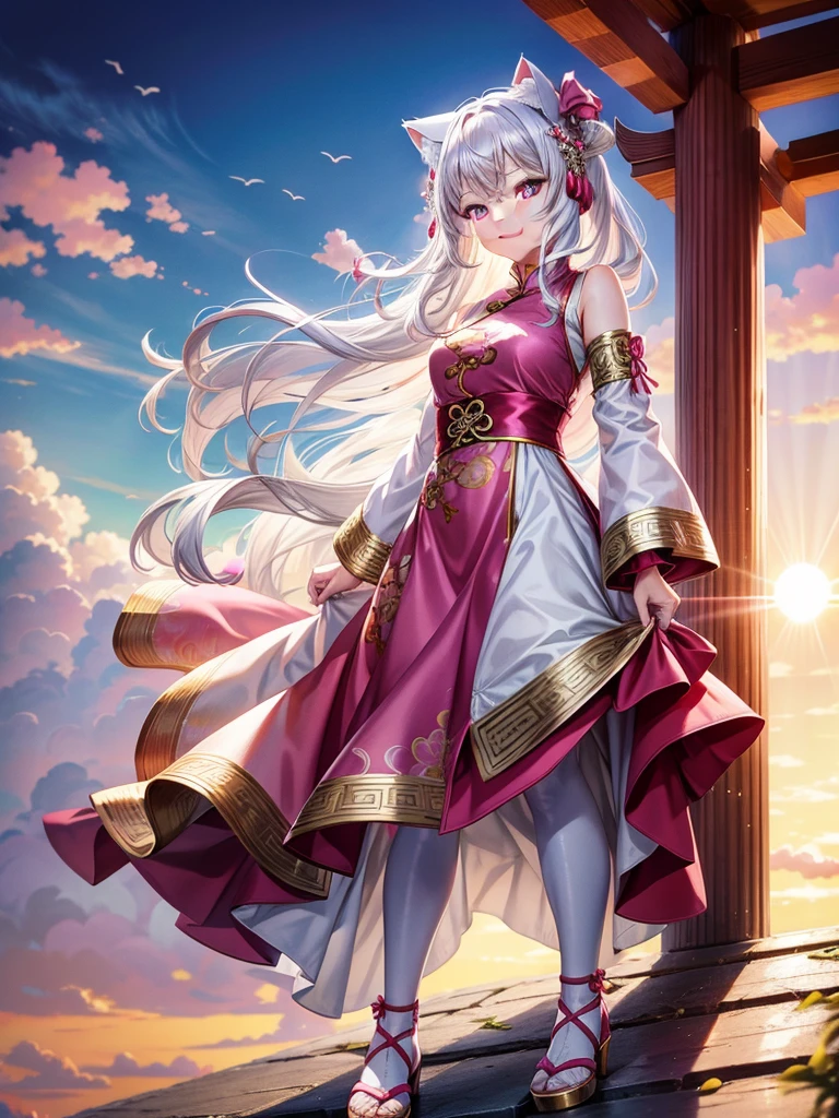 Silver hair, pink eyes, woman, sun and cloud background, pink red gold clothes, hair bows, happy face, Chinese outfit, sexy, cat ears, full body