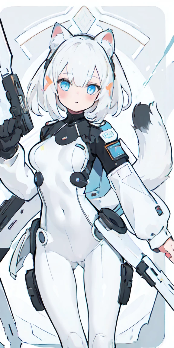 (One girl, alone:1.4),

 Nice hands, Perfect hands, Cat ear,
 Serverpunk Art,

 Cameltoe,
 between legs, Buttocks visible from thighs BREAK (PAW Pose:1.2), 

White clothes, baby doll, Bodysuits,（White straitjacket）， Armor Light， Cybernetic Headdress，