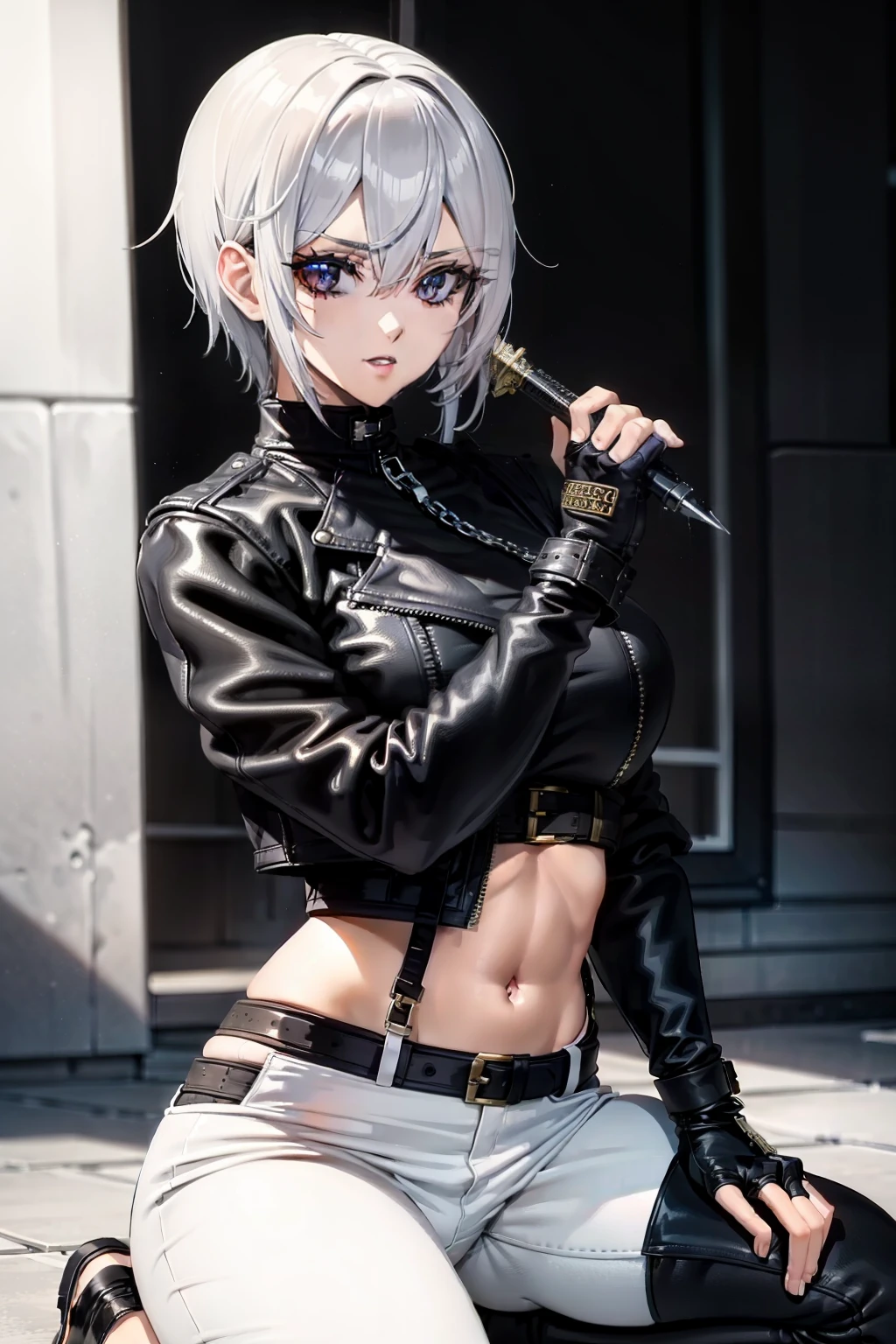detailed portrait of a beautiful woman, cute, 1girl, midriff, looking at viewer, leather jacket, leather kunoichi outfit, chains adonment, futuristic kunoich, best quality, 4k, 8k, highres, masterpiece:1.2, ultra-detailed,,holding a dagger each hand, fullbody shot, fighting pose, kunoichi outfit, short hair, white pants, dangerous pose, silver eyes