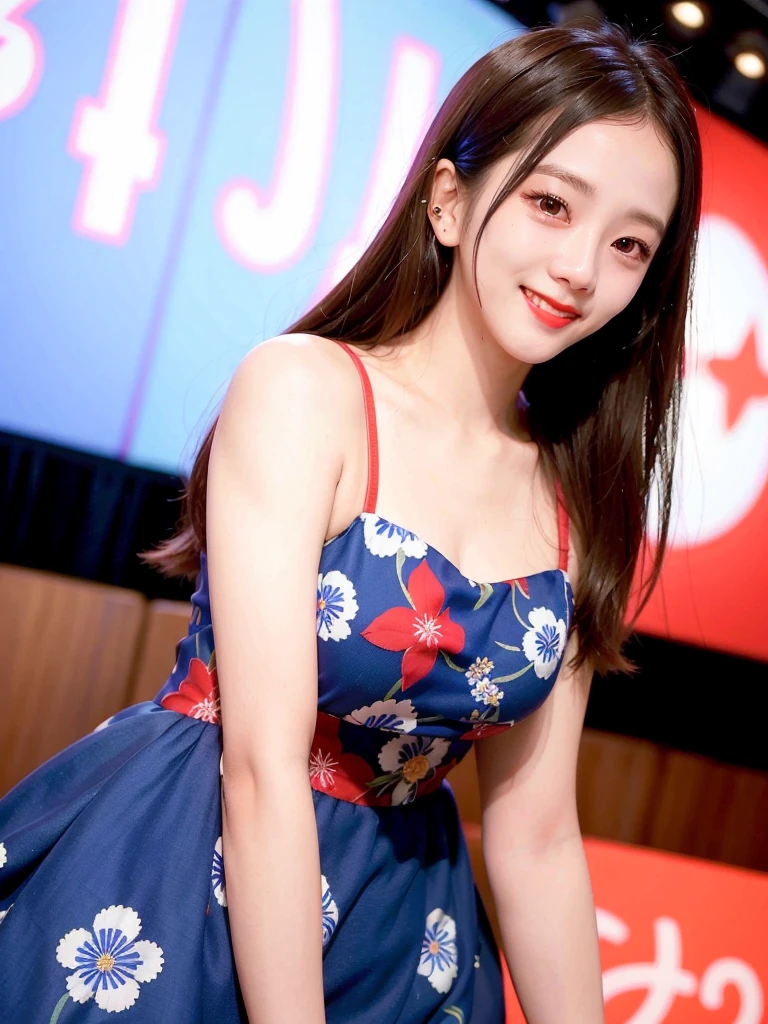 close-up portrait of Jisoo, (smiling:1.1), red lips,(blue floral dress:1.3), k-pop Idol, ulzzang, contrapposto, best quality, ultra high res, (photorealistic:1.3), 1girl, big breasts, in a jazz club,  beauty512, Swimsuit bite、ssmile、Running 