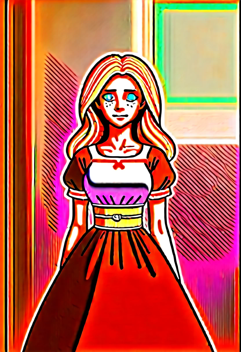 A beautiful curvy blonde kid wearing a sweet Pink Party Contrast Mesh, Ruffle Hem, All Over cherry blossoms Print, A Line, Short puff Sleeves, Sweetheart neckline, thin gold belt with tiny heart buckle, High Waist,Flounce hem Long gown, very long curling hair, cute, sweet, town picnic, warm party atmosphere, pretty, pretty lighting, 8k, octane render, detailed, detailed background, 35mm, realistic, photorealistic, perfect face, cherry blossoms barrettes in hair, freckles