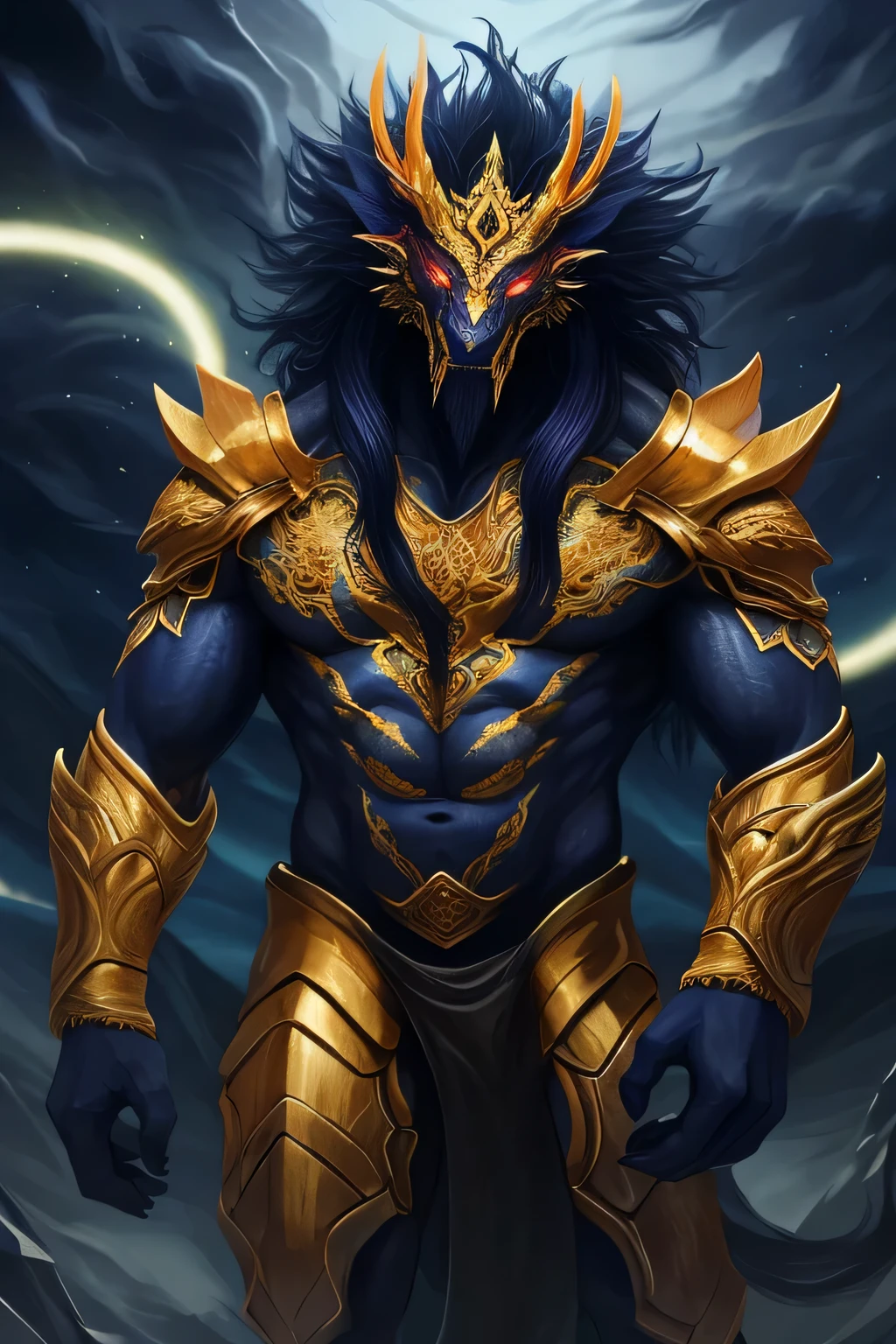 A majestic portrayal of the fierce ten-headed demon king Ravana, this digital painting showcases an extremely detailed face with piercing eyes that seem to pierce through the veil of reality. The intricate golden armor adorning his muscular body gleams under the dramatic lighting, its details so precise they could be touched. Long flowing hair cascades down his back, weaving an aura of power around him. Atop his head rests an ornate crown, its precious stones sparkling in the dim light. Ravana stands against a fantasy landscape, the dark cloudy sky overhead adding to the ominous atmosphere. A faint glow of magical energy emanates from him, accentuating his men