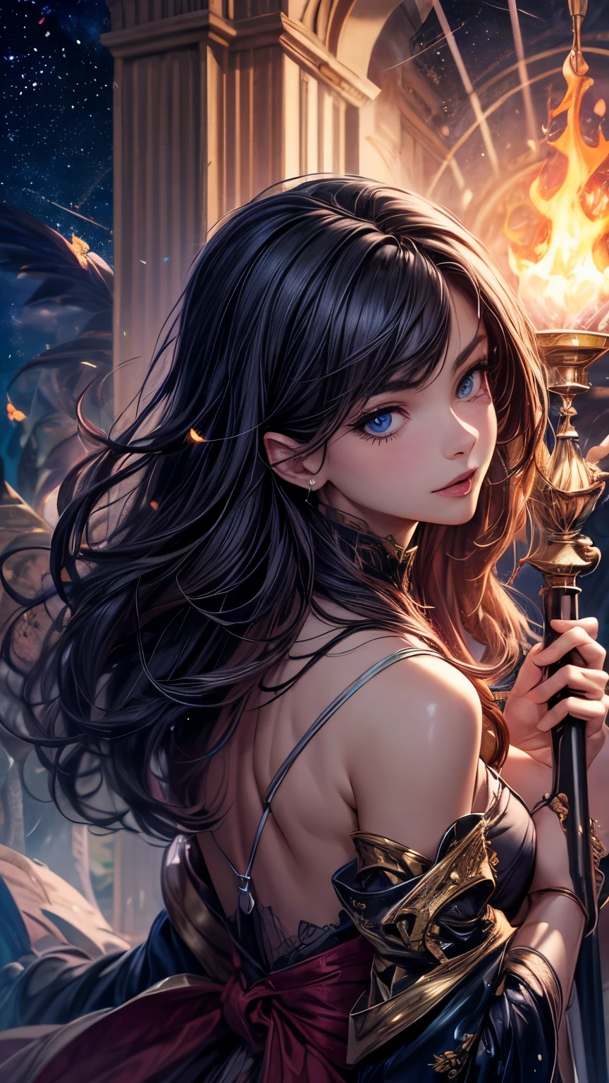 8K resolution, masterpiece, Highest quality, Award-winning works, unrealistic, From above, erotic, Only sexy women, healthy shaped body, 22 years old, Black Mage, Height: 165cm, huge firm bouncing busts,, Silvery long wavy hair, Detailed facial depiction, break, Mysterious blue eyes, Standard nose, eyeliner, Pink Lips, Sexy long legs, Transparent muscle, holy knight, Gothic ruffle long dress, A dress with a complex structure, Seven colourful dresses, Clothed in flames, royal coat of arms, elegant, Very detailed, Delicate depiction of hair, Miniature Painting, Digital Painting, artステーションコンセプトart, Smooth, Sharp focus, shape, artジャム、Greg Rutkowski、Alphonse Mucha、William Adolphe Bouguereau、art:Stephanie Law , Royal Jewel, nature, Symmetric, Greg Rutkowski, Charlie Bowwater, unrealistic, Surreal, Dynamic Lighting, ファンタジーart, Complex colors, Colorful magic circle, flash, dynamic sexy pose, A kind smile, Mysterious Background, aura, A gentle gaze, break, Small faint lights and flying fireflies, night, lanthanum, 山の頂From above下界を見下ろす, Starry Sky, milky way, nebula, shooting star, A sacred staff that emits a brilliant light, Back view, Facing the camera