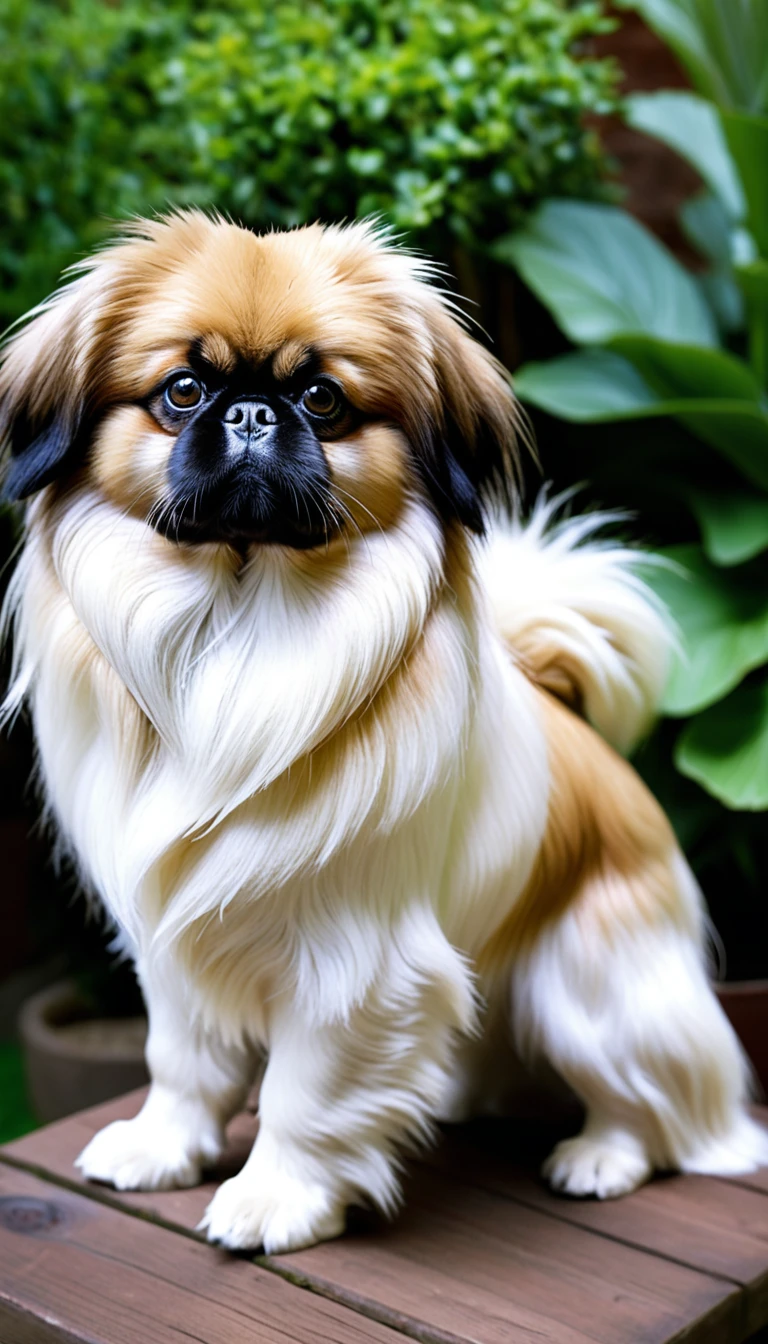 There is no one, realistic photo, photo realism, realism, Pekingese (Pekingese), perfect composition, intricate details, Very sharp, masterpiece, profile, high resolution, looking at the viewer, Full body photo in garden background