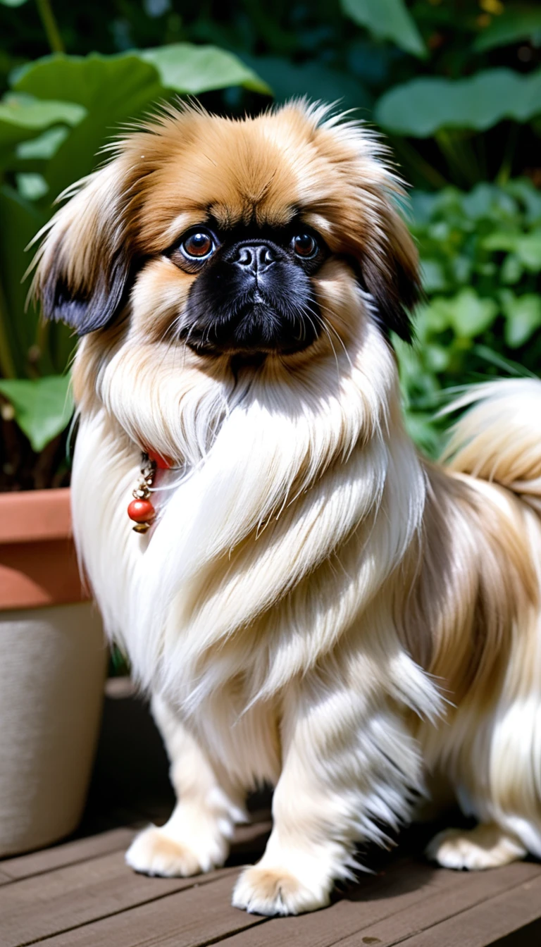 There is no one, realistic photo, photo realism, realism, Pekingese (Pekingese), perfect composition, intricate details, Very sharp, masterpiece, profile, high resolution, looking at the viewer, Full body photo in garden background