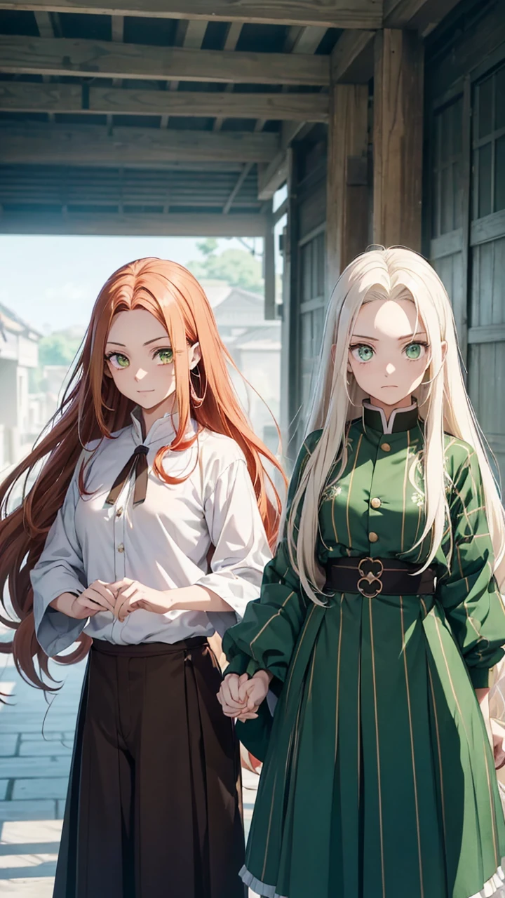 (Best quality:1.3), (a woman:1.1), (green eyes:1.2), (brown long straight hair:1.4) (manga style:1.5) En el estilo de Kimetsu no Yaiba, The girl with long white hair with red streaks and yellow eyes, beautiful and delicate features and her brother has long white hair with a single red streak, the brother is muscular and strong, both in a fighting stance with katanas, wearing the clothes of combat in Kimetsu no Yaiba, the brother is taller than the sister, a girl and a boy, brother and sister, male and female
