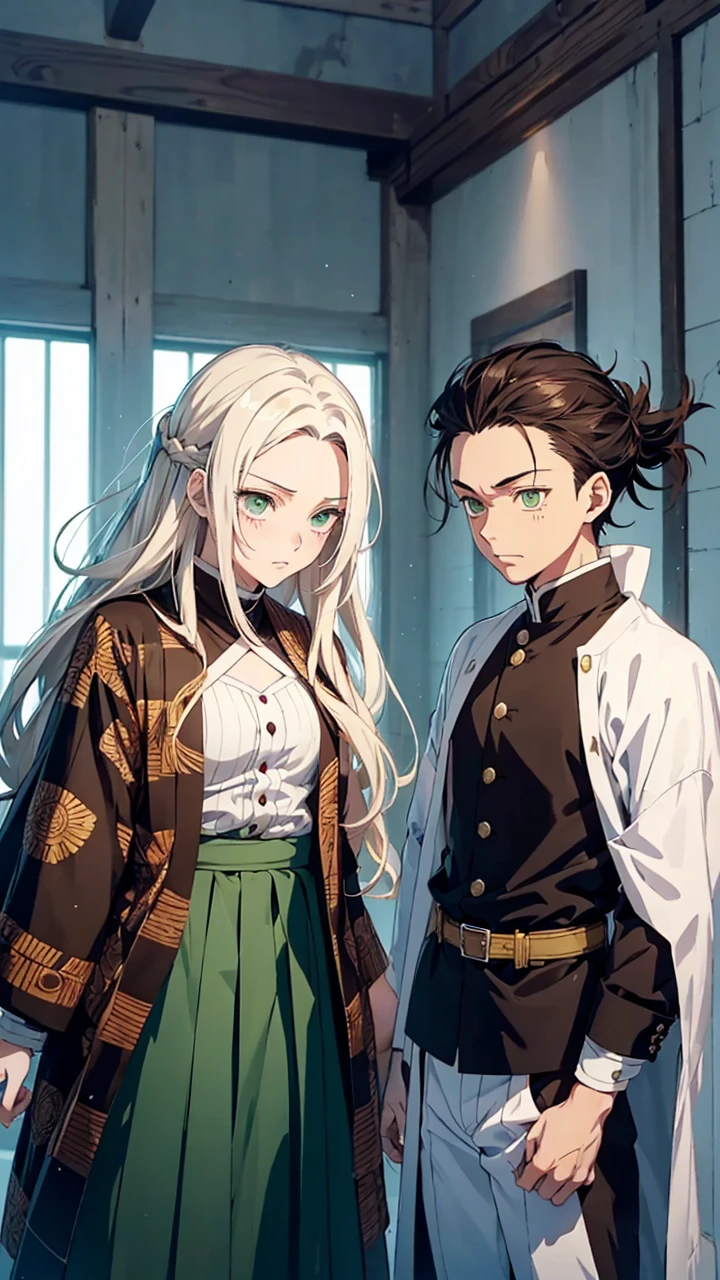 (Best quality:1.3), (a woman:1.1), (green eyes:1.2), (brown long straight hair:1.4) (manga style:1.5) En el estilo de Kimetsu no Yaiba, The girl with long white hair with red streaks and yellow eyes, beautiful and delicate features and her brother has long white hair with a single red streak, the brother is muscular and strong, both in a fighting stance with katanas, wearing the clothes of combat in Kimetsu no Yaiba, the brother is taller than the sister, a girl and a boy, brother and sister, male and female