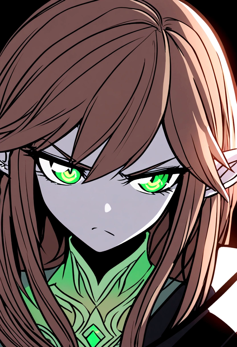 Young elven woman, pale skin, brown hair, a green eye and red a eye, black short clothes, small, dark fantasy, long ears, bladedancer, pissed, caricature
