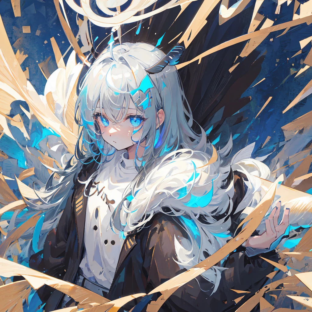 1Girl, moth antennae,moth wings,skin color medium greyish brown, solo, star (symbol), Black hair,dilated pupils , Light blue eyes, messy and fluffy hair,WhiteT-shirt