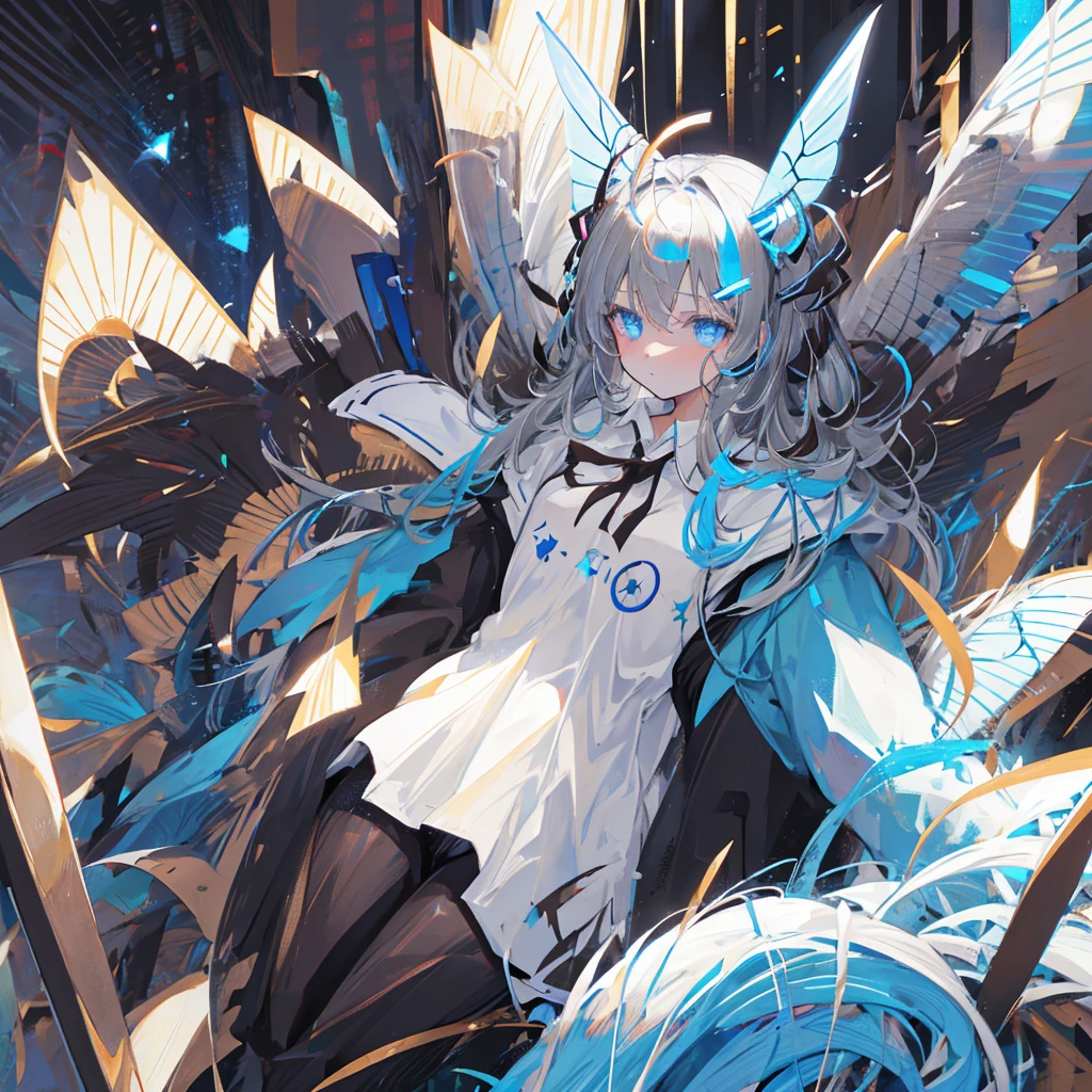 1Girl, moth antennae,moth wings,skin color medium greyish brown, solo, star (symbol), Black hair,dilated pupils , Light blue eyes, messy and fluffy hair,WhiteT-shirt