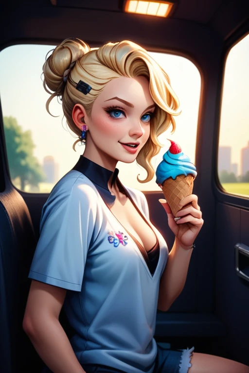 tall woman(blue eyes; long, wavy blonde hair; big breasts; pale skin tone; happy; glowing LED tattoos; soft features; detailed hair), Disney-style cgi, working in an ice cream food van at the park; selling ice cream; futuristic; dystopian; cyberpunk; best quality; trending on artstation; complex volumetric lighting; in the park; sunny day; holding an ice cream; food van window.