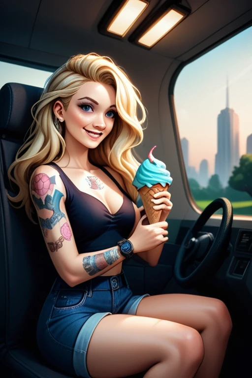 tall woman(blue eyes; long, wavy blonde hair; ; pale skin tone; happy; glowing LED tattoos; soft features; detailed hair), Disney-style cgi, working in an ice cream food van at the park; selling ice cream; futuristic; dystopian; cyberpunk; best quality; trending on artstation; complex volumetric lighting; in the park; sunny day; holding an ice cream; food van window.