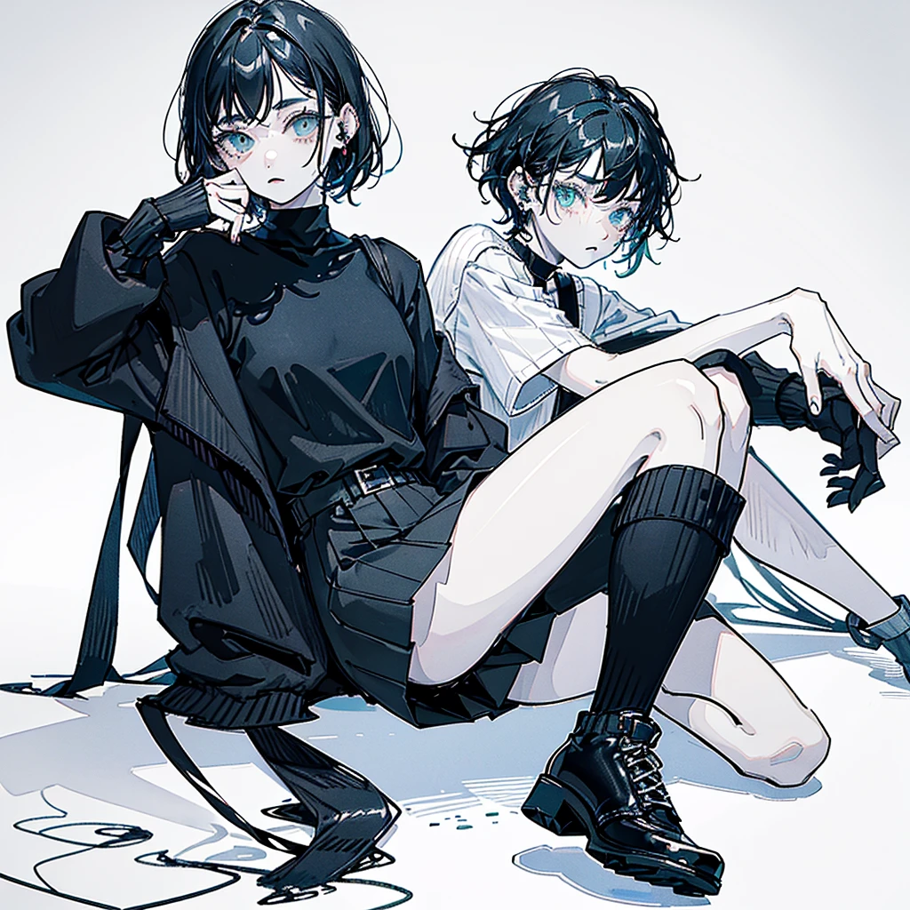 ((body)) skinny, short, pale, freckles on the face, 18 years old ((hair)) short black hair, messy, ((eyes)) green eyes, ((black outfit)) oversize black shirt, blue skirt, knitted shoe covers, black cotton fingerless gloves, black boots, piercings, choker