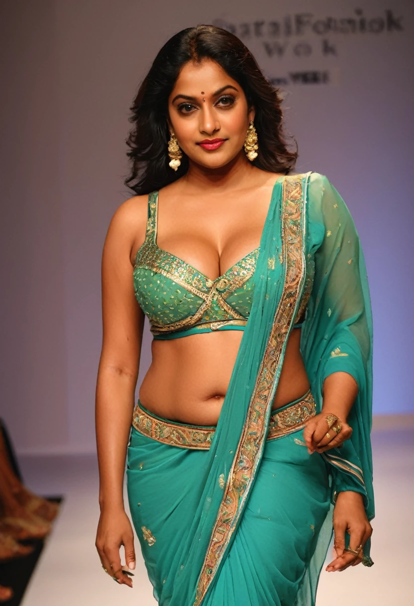 kerala village mature aunty , 30 years old, busty jut breast, ((half body)), ((portrait)), studio fashion week, dark skin, miami fashion week, ramp walking,, thick thigh, (high skin detail), extreme skin detail, masterpiece, photorealistic,