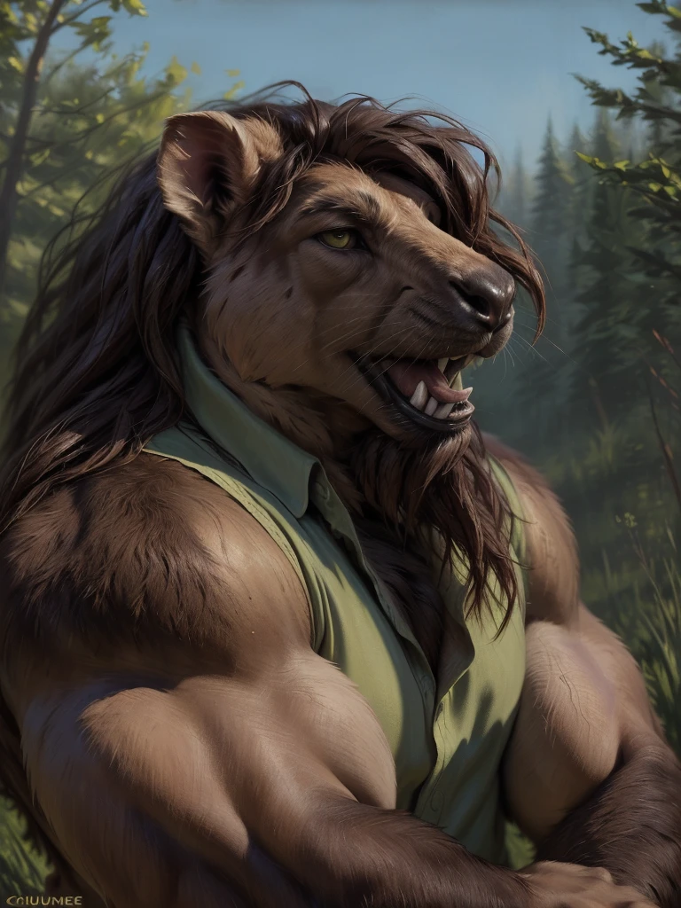 (by Meesh), (by darkgem:0.8), (by chunie:1), masterpiece,, detailed fur, looking at viewer, (detailed pixar eyes:1.2), detailed eyes, male, anthro, ((capybara, Japanese, Anime, bishounen, pretty, effeminate, Massive Muscles, Massive Deltoids, Massive shoulders, Massive Pecs, Massive Biceps, Massive Thighs, Massive Calves, long snout, brown hair, wavy hair, fabio hair, hair covering eye, goatee, big lip, swollen lip, black lip, whiskers, collared shirt, lime-green shirt, cheekbones, big chin, open mouth, shiny eyelids, rodent teeth big chin,))