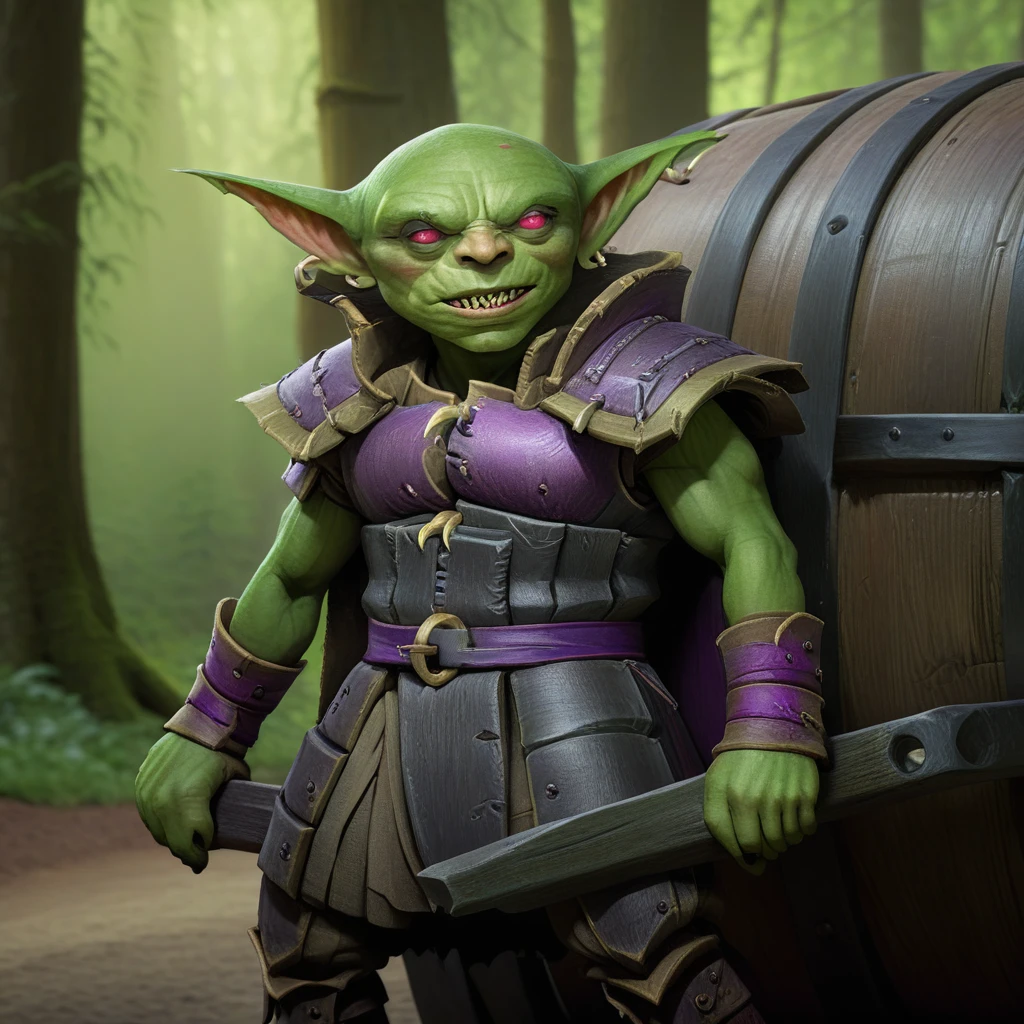 a male goblin, green skin, bald, frowning, scar on the face, purple left iris, heterochromatic eyes, stocky body 1.40 meters tall (scenery)forest a carriage with barrels, , full body image, cinematic lighting, 8k, hyper realistic, masterpiece, fantasy art