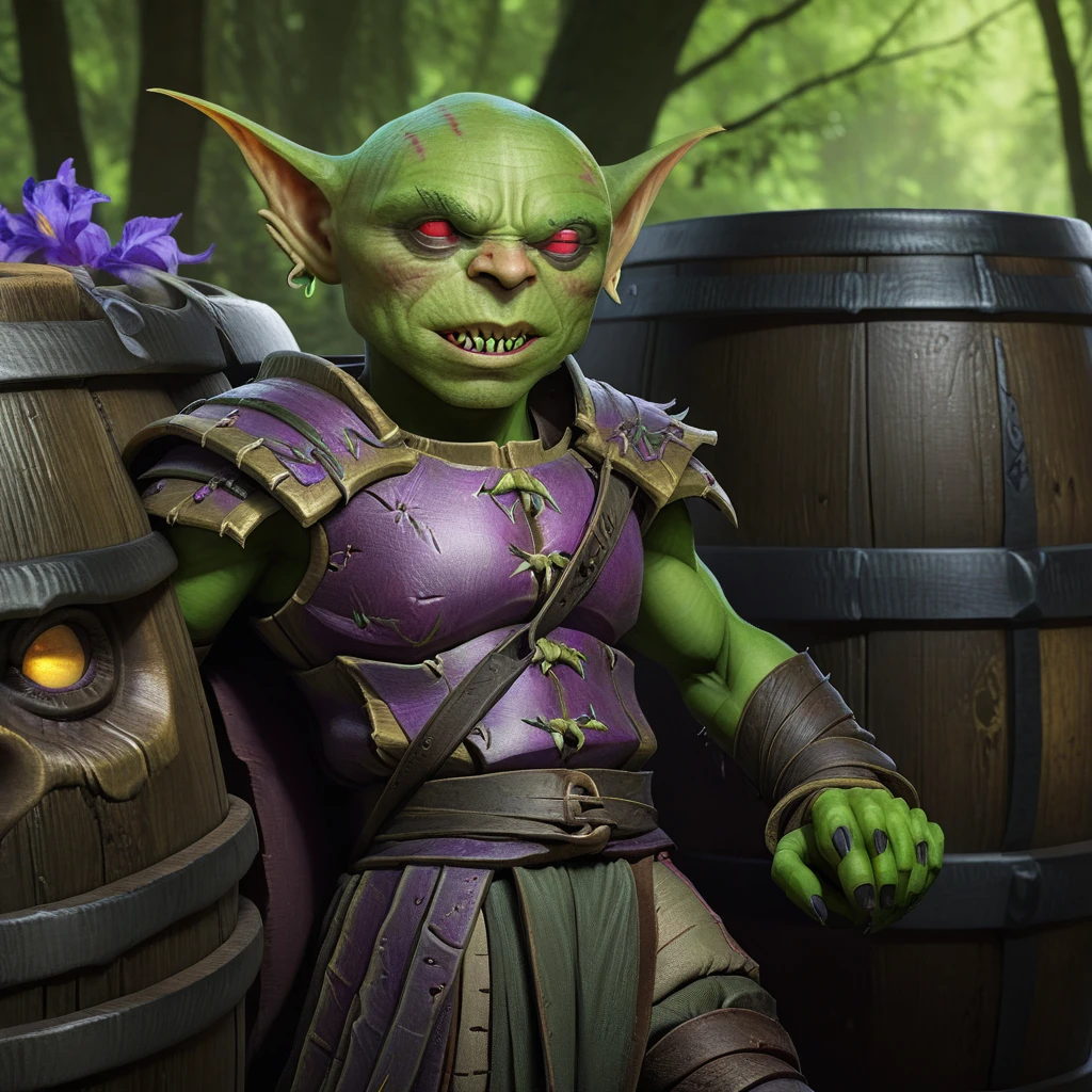 a male goblin, green skin, bald, frowning, scar on the face, purple left iris, heterochromatic eyes, stocky body 1.40 meters tall (scenery)forest a carriage with barrels, , full body image, cinematic lighting, 8k, hyper realistic, masterpiece, fantasy art