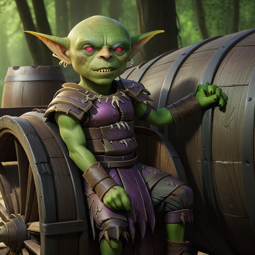 a male goblin, green skin, bald, frowning, scar on the face, purple left iris, heterochromatic eyes, stocky body 1.40 meters tall (scenery)forest a carriage with barrels, , full body image, cinematic lighting, 8k, hyper realistic, masterpiece, fantasy art