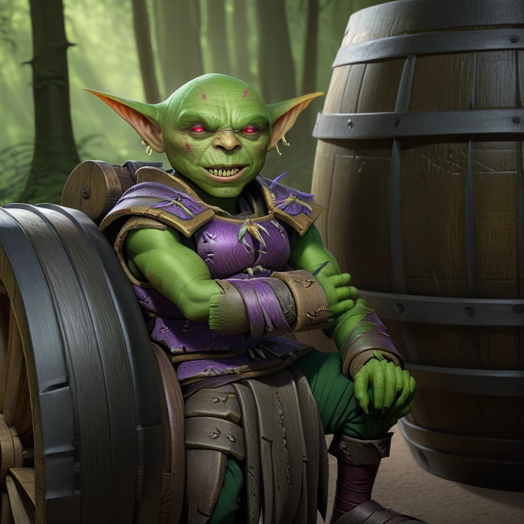 a male goblin, green skin, bald, frowning, scar on the face, purple left iris, heterochromatic eyes, stocky body 1.40 meters tall (scenery)forest a carriage with barrels, , full body image, cinematic lighting, 8k, hyper realistic, masterpiece, fantasy art