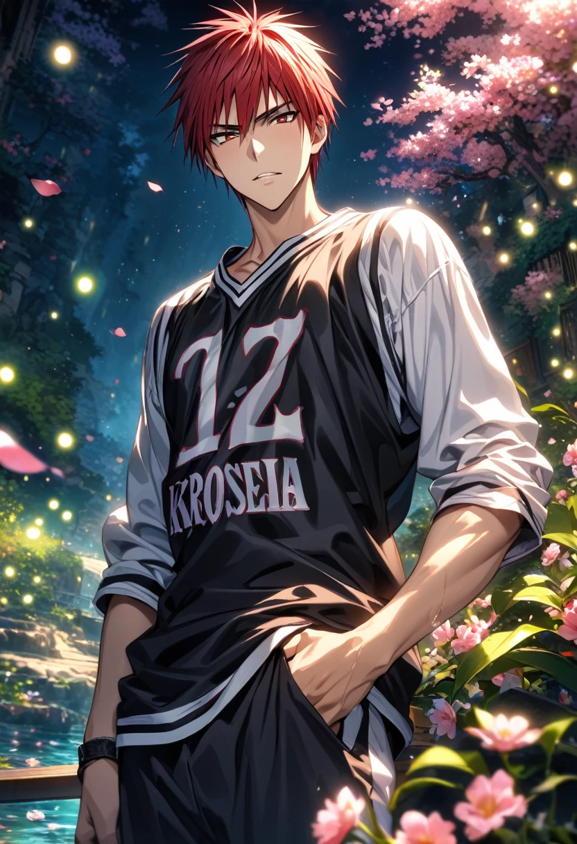 Ultra detailed, highres, absurdres, HDR, master piece, Kagami Taiga, red hair with black streaks, expressive red eyes, Kuroko No Basket, fantasy, pink petals, water, pink flowers, handsome, sexy man, solo, best quality, blossoms, blue shining fireflies, black basketball clothes, the word "Krozseria" is written on his shirt
