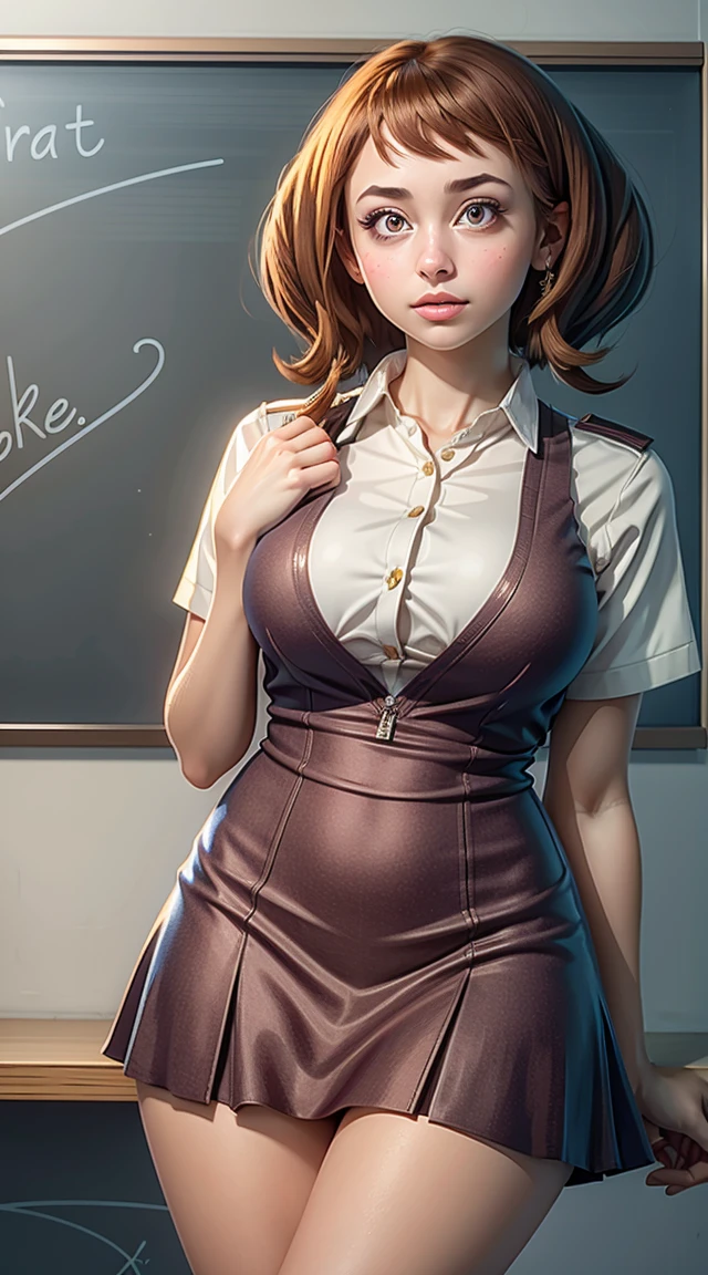 Photo of Ochako Uraraka as a teacher, teacher, teacher clothes, mini dress, tall and sexy, superb face, perfect body, provocative, Nice, show breasts, huge breasts, tall, sexy legs, bursting huge breasts, wide hips, busty, sexy, enormous breasts, happy, full body view.