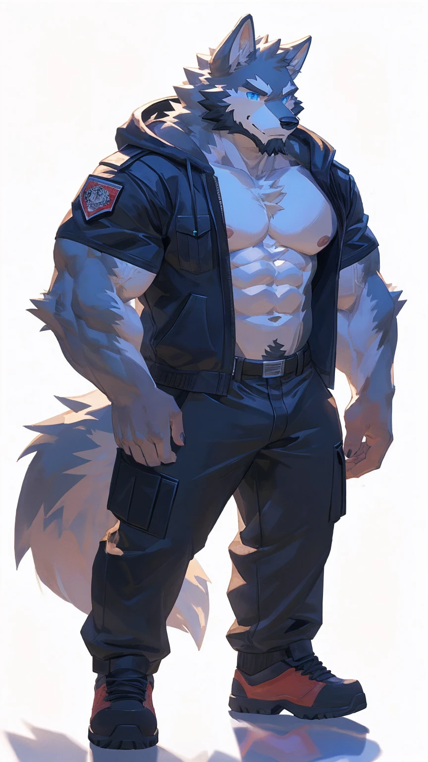 (masterpiece:1.2), best quality,pixiv,official art,perfect anatomy, (Ray tracing, light),solo, (1_male:1.3) , (muscle), (grey fur:1.4), (muscle wolf), (beard:1.2), (gleaming blue eyes), wolf tail, full body, Thick black eyebrows,(open hoodie), (naked inside), (white cargo pants:1.2), white shoes, (pure white background: 1.3), 30-40years old