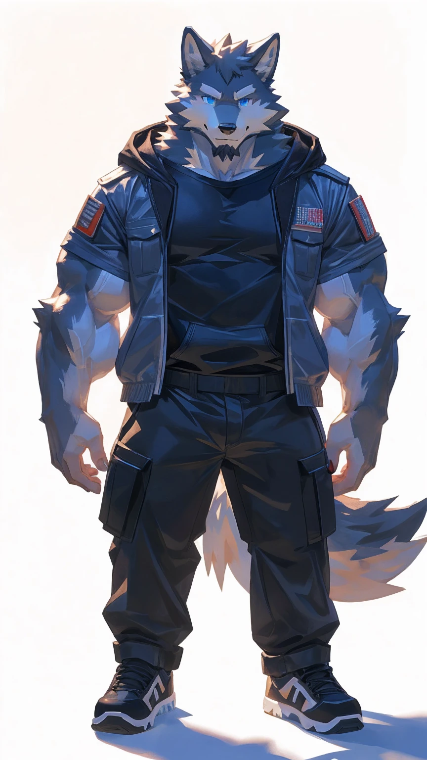 (masterpiece:1.2), best quality,pixiv,official art,perfect anatomy, (Ray tracing, light),solo, (1_male:1.3) , (muscle), (grey fur:1.4), (muscle wolf), (beard:1.2), (gleaming blue eyes), wolf tail, full body, Thick black eyebrows,(open hoodie), (naked inside), (white cargo pants:1.2), white shoes, (pure white background: 1.3), 30-40years old