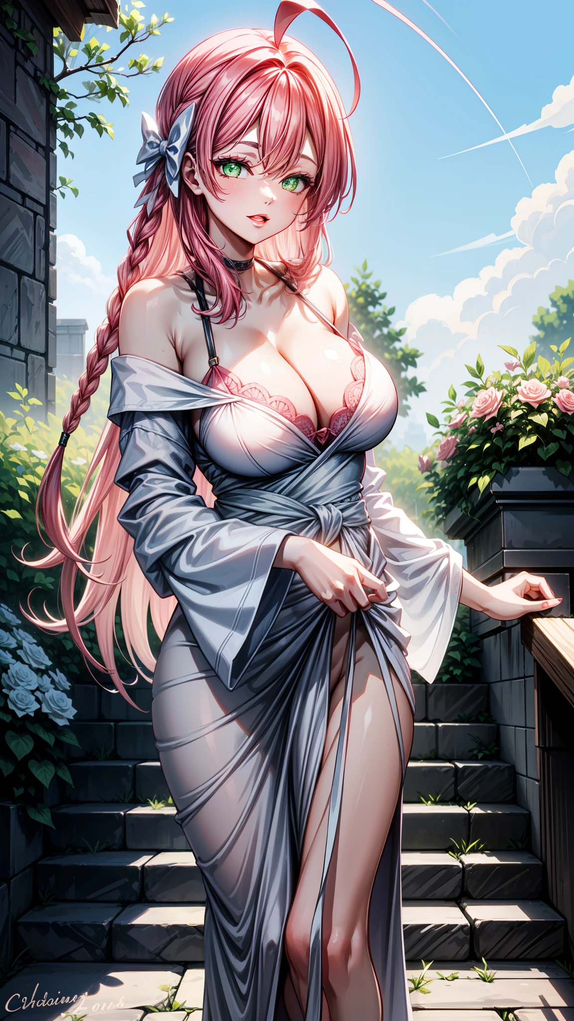 1 milf, long hair, big breasts, wearing a shirt which went down and exposed her right breast, Sure,

Imagine a woman of extraordinary beauty, with waist-length pink hair cascading in soft waves. Her eyes are a bright and deep shade of green, sparkling with curiosity and vivacity. Her face is lit up by a gentle smile and softly contoured cheekbones, emanating an aura of warmth and charm.

She is dressed in a dazzling white gown that seems to float around her like an ethereal cloud. The dress is adorned with delicate lace and pearl details that shimmer with every movement, reflecting the light filtering through nearby windows. Thin, elegant straps delicately fall over her shoulders, adding a touch of subtle elegance to her appearance.

Her hands are adorned with silver bracelets that accentuate her smooth, lightly bronzed skin. Her nails are painted with a clear polish that perfectly complements her sophisticated and natural style.

She radiates a serene serenity as she gracefully walks through a flower garden, where white and pink flowers create a charming and picturesque backdrop around her. Each step she takes seems filled with grace and delicacy, as if she were dancing with the spring breeze gently caressing her face.

This woman, with her bright pink hair, vibrant green eyes, and dazzling white gown, captures the imagination with her radiant presence and natural elegance, creating an image of pure and timeless beauty.