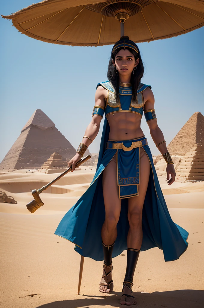 Create a full body Disney Pixar 4K 3D image of a Joseph of Egypt character near the Egyptian desert pyramids. The character must wear Egyptian clothing, short straight black hair, skin fair, slightly slanted black eyes and holding a staff. The background of the image is an Egyptian landscape and a photo of a beautiful sky.