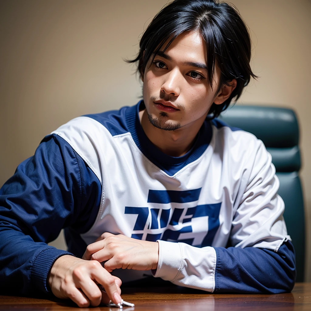 Create an ultra-realistic image of a young football player signing a contract. The player is sitting at the table, holding a pen and looking directly at the camera. He has vibrant blue hair and a vibrant blue beard., and is wearing a blue and black striped shirt. Ao fundo, a panel with the logos of the team and its sponsors, nike and guaraná antarctica highlighting the importance of signing the contract with the club.